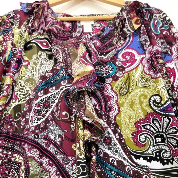 Chico's Blouse Top Women's 3, XL Paisley Ruffle Slinky Stretch Eclectic Office - Picture 3 of 8